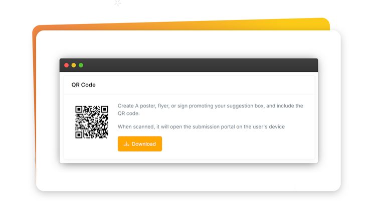 Application screen showing the downloadable QR code for a suggestion box