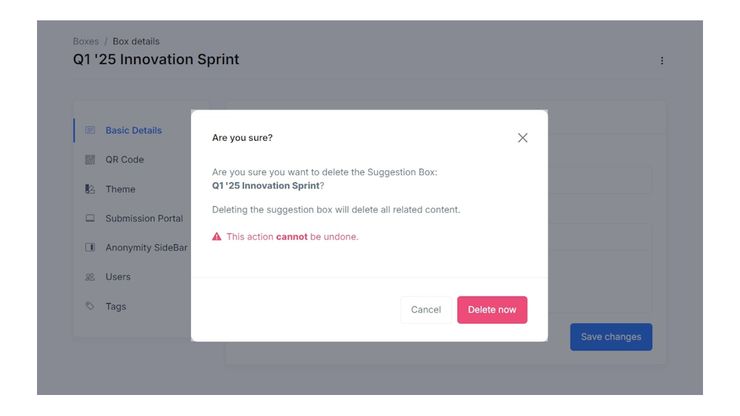 Application screen asking for confirmation to delete a suggestion box