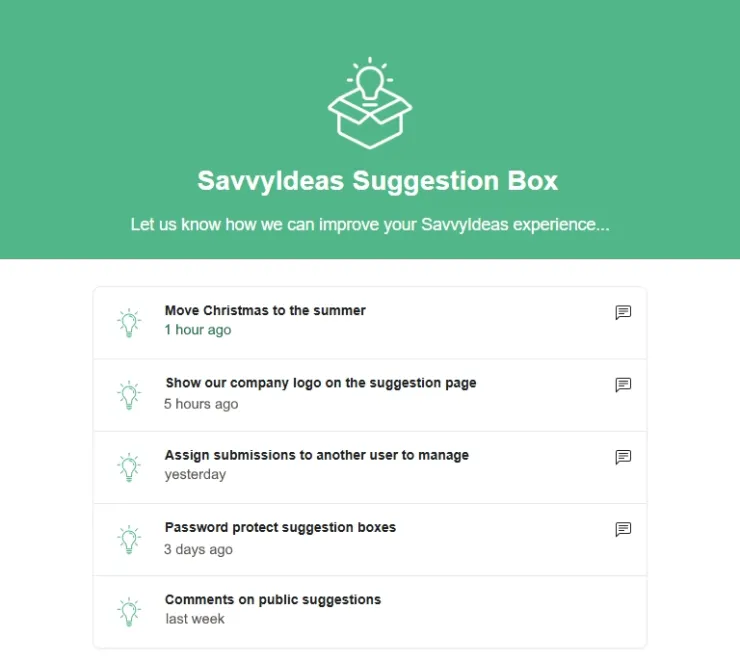 Screenshot showing the SavvyIdeas public portal with 5 suggestions