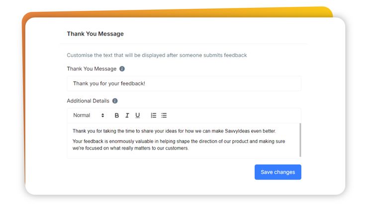 Application screen showing how to change the suggestion box thank-you message